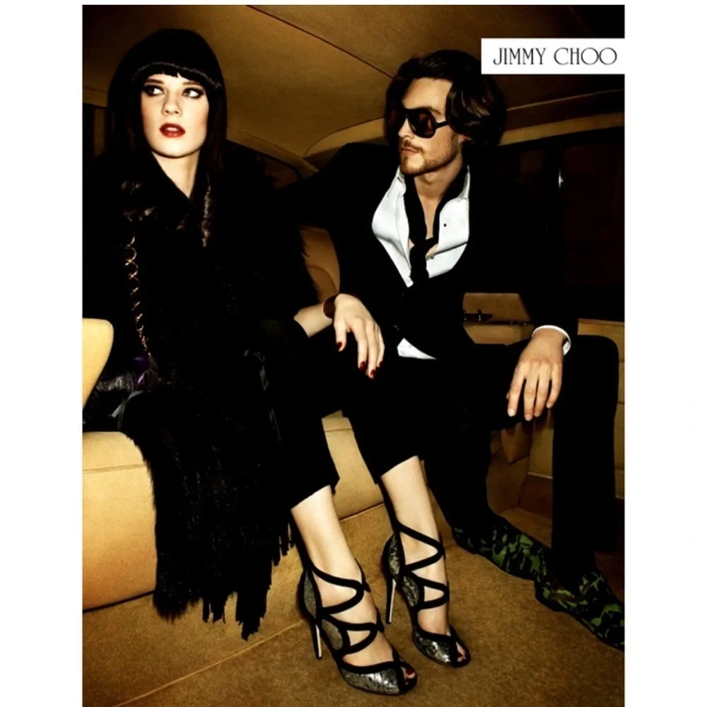 JIMMY CHOO Silver Sequin Black Suede Cut Out Temptress Stiletto Heels 37.5 - Picture 2 of 11